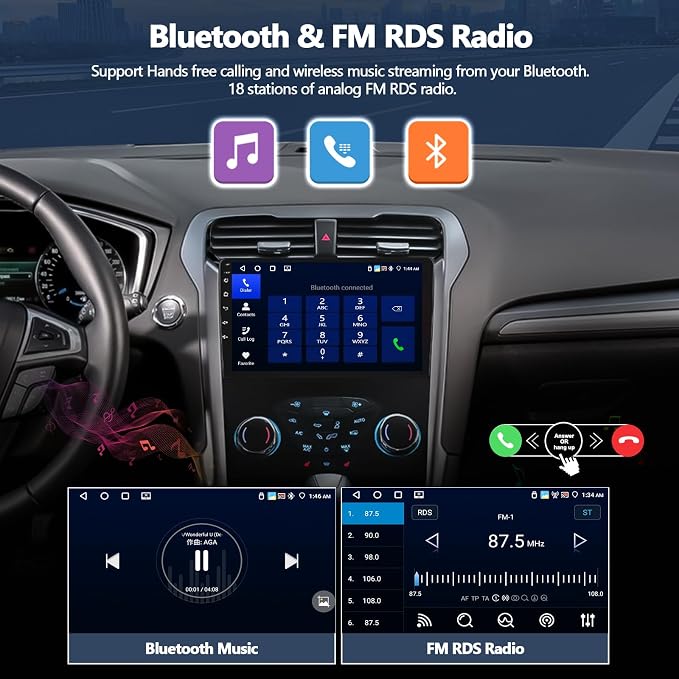 4G+64G Android 15 Car Radio for Ford Fusion 2013 2014 2015 2016, 9 Inch 1280 * 720 Touch Screen Car Stereo with Wireless CarPlay Android Auto Bluetooth 5.0 32EQ FM GPS Navigation Backup Camera