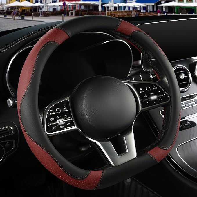 Black Burgundy Microfiber Leather D Shaped Steering Wheel Cover | Breathable Anti Slip Grip Cool Sporty Look Glow for Women Men