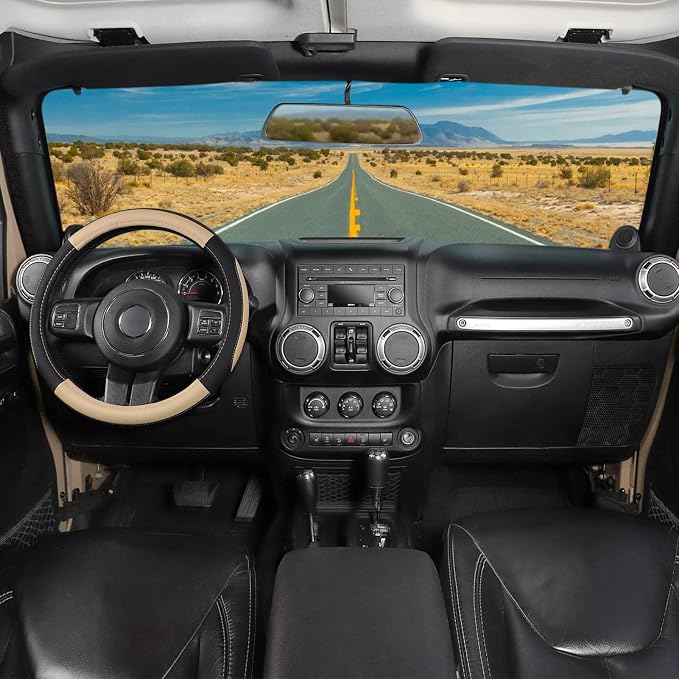Car Steering Wheel Cover for F-150 Tundra Range Rover 15.5-16 inch, Black and Beige Microfiber Leather