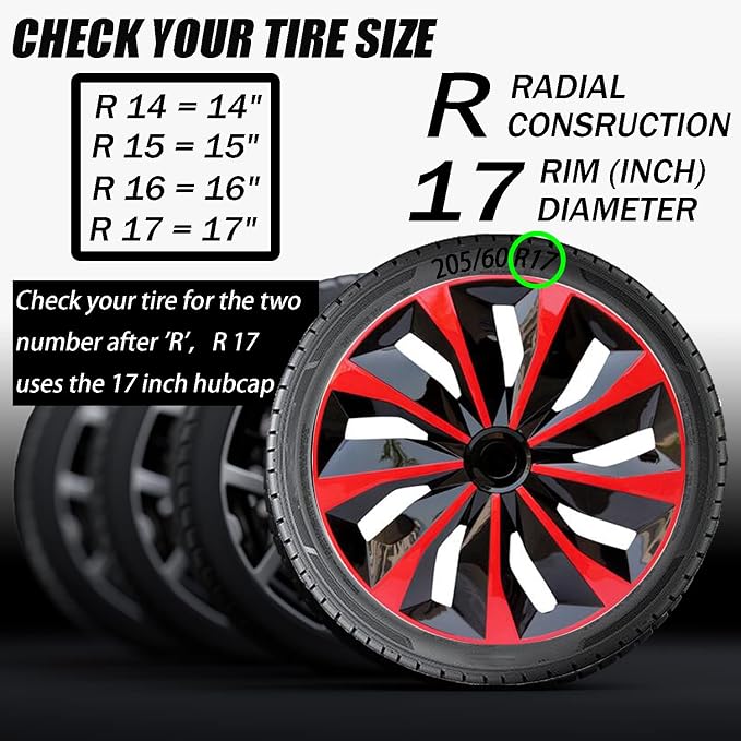 Hubcap Wheel Cover Replacement R17 Hub Caps Universal-Fit Steel Wheel Rim Cover ABS Material Exterior Accessories for Car Truck SUV -Set of 4（17-inch，Red-Black）