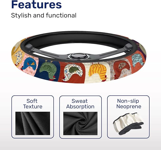 Chicken Patchwork Steering Wheel Cover, Polyester Non-Slip Car Wheel Grip, Universal 15 Inch Auto Accessory