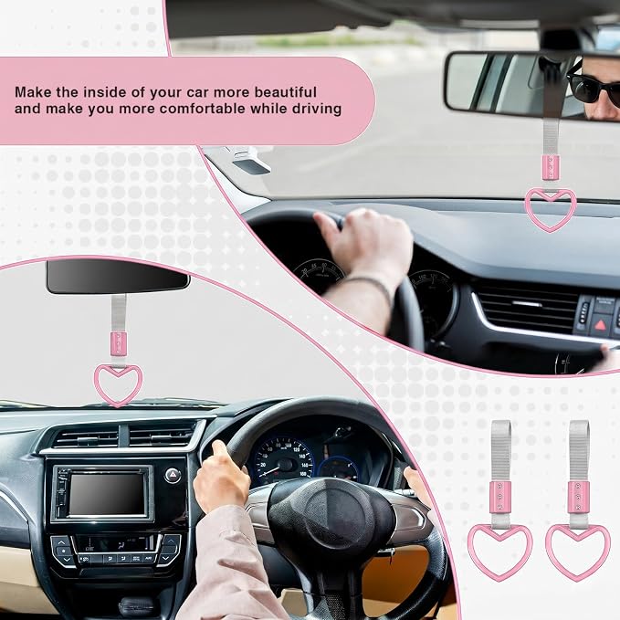 2PCS Heart Shaped Car Handle Straps, Rear Bumper Warning Keychain Ring for Car Exterior Accessories (Pink-Silver)