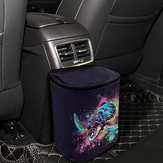Paint Splatter Turtle Print Car Trash Can with Lid, Leak Proof Auto Trash Bag Hanging Vehicle Garbage Can Multipurpose Storage Container for Back Seat Road Trip