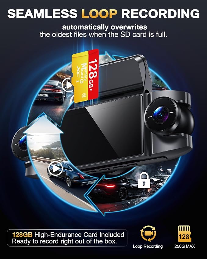 4 Channel 360° Dash Cam Front Rear and Left Right Inside, 4K+3 * 1080P Dash Camera for Cars with Free 128GB SD Card, 5.8GHz WiFi-30MB/s, 24H Parking Mode, G-Sensor, GPS, Night Vision, Voice Control