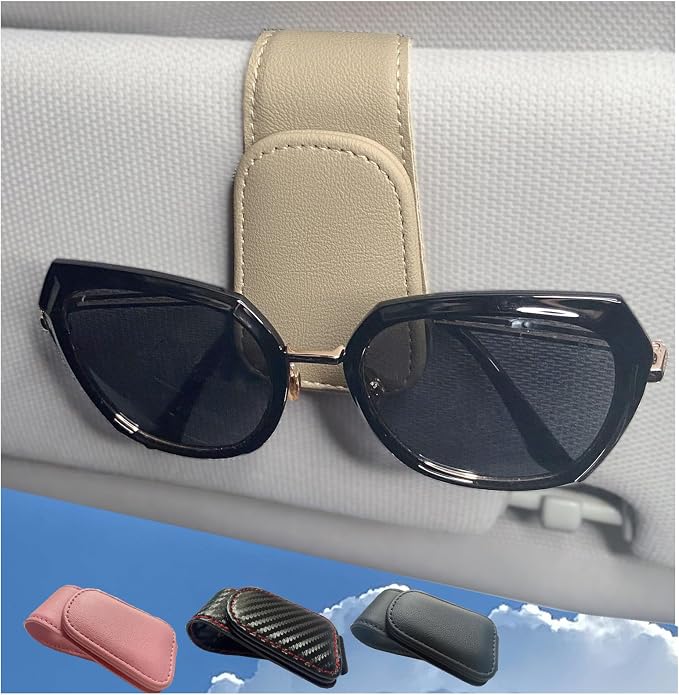 CHOSMOYI Magnetic Leather Sunglass Holder for Car, Sunglasses Clip for Car Visor, Auto Interior Accessories Universal for Different Size Eyeglasses (Beige)