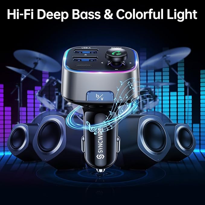 Bluetooth 5.4 FM Transmitter Car Adapter 48W (PD 36W & 12W) [Light Switch] [Hi-Fi Deep Bass] [Fast Charge] Wireless Radio Music Adapter LED Display Hands-Free Calling Support USB Drive