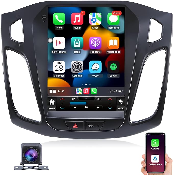 Ford Focus Car Stereo Radio 2012-2018 with Carplay/Android Auto, 10.4 Inch IPS Touch Screen Replacement with GPS Navigation Bluetooth 5GWiFi Mirror Link Backup Camera, 2G RAM 32G ROM