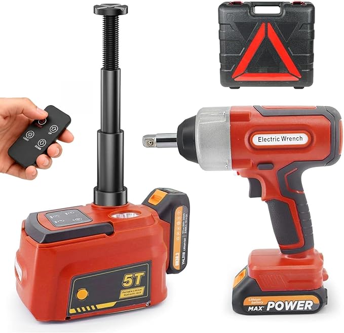 Electric Car Jack 5 Ton Cordless, 12V Battery Hydraulic Floor Jack with Remote Control, Tire Change Kit with Impact Wrench & LED Light, Portable Auto Lifting Tool for Roadside Emergency SUV RV