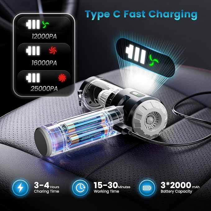 Handheld Car Vacuum Cleaner,25000PA Strong Cyclonic Suction Foldable Mini Vacuum Portable Cordless with Digital Display and One Touch Dust Removal for Car, Home, Office, Kitchen (Silver)