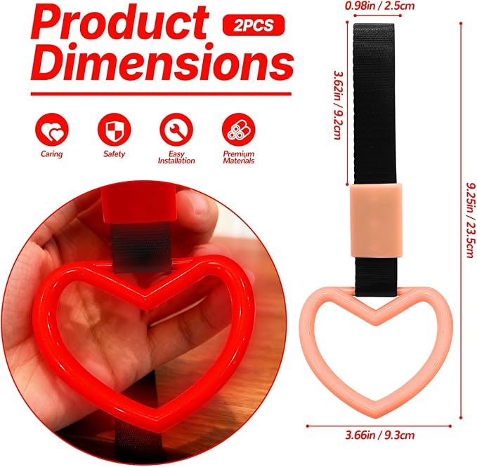 2 Pcs Heart Shaped Car Handle Strap – Drift Charm Rear Bumper Warning Ring Decor for Car Interior Exterior, Subway Bus Handle Accessory, Cute Heart Car Decor Gift for Women & Men (Luminous Red)