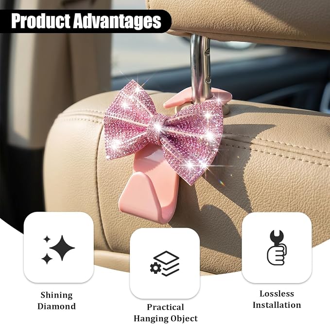 2PCS Bling Bow Car Seat Headrest Hooks, Crystal Rhinestone Vehicle Rear Seat Hanging Storage Hooks for Purses Bags Coats, Auto Headrest Storage Organizer, Universal Fit (Pink)