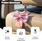 2PCS Bling Bow Car Seat Headrest Hooks, Crystal Rhinestone Vehicle Rear Seat Hanging Storage Hooks for Purses Bags Coats, Auto Headrest Storage Organizer, Universal Fit (Pink)