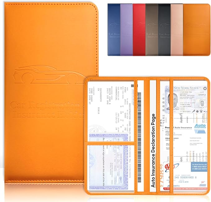 Orange Car Registration and Insurance Holder with Magnetic Closure for Glove Box Organizers Car Document Holder Car Document Organizer Car Glove Box Organizer