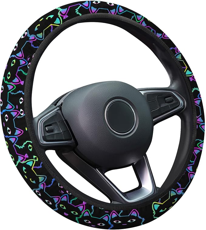 Neon Cat Steering Wheel Cover, Non Slip Polyester Car Wheel Protector for Car SUV Truck, Universal 15 Inch