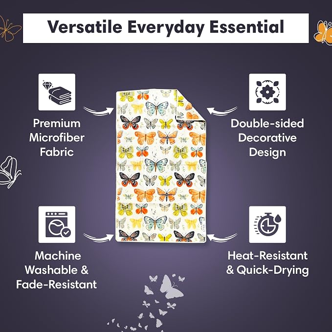 Double Sided Microfiber Hand Towels, 17x27 Inches Waffle Design Kitchen Towels Set, Durable & Soft Fast Drying Hand Wash Cloth, Everyday Use Dishcloth at Home (Wings & Flower Farm- Purple/Cream)