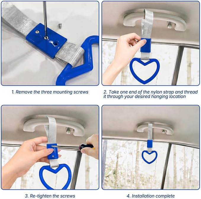 2 Pcs Heart Shaped Car Handle Strap – JD M Drift Charm Rear Bumper Warning Ring Decor for Car Interior Exterior, Subway Bus Handle Accessory, Cute Heart Car Decor Gift for Drivers (Blue-Silver)