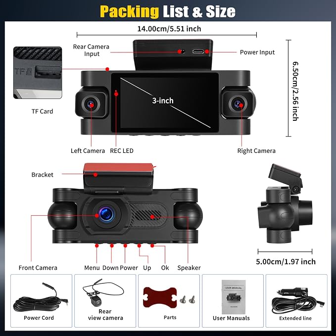 360° 4 Channel 2K Dash Cam Front and Rear Inside,3 Inch Dash Camera for Cars Car Camera Built in GPS with APP Control,IR Night Vision,Loop Recording,G-Sensor,Parking Assistance,24H Parking Monitor