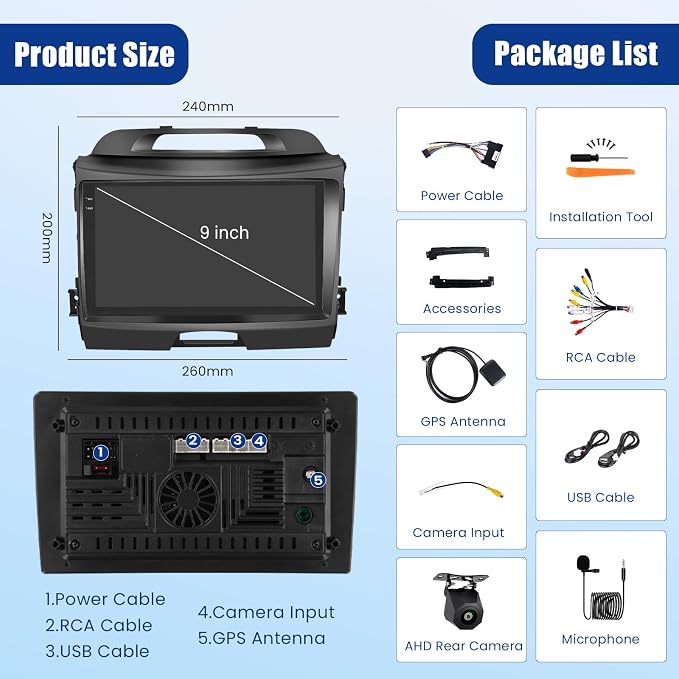 [4G+128G] Android 15 Car Radio for Kia Sportage 2010-2016 Car Stereo with Wireless Carplay/Android Auto, 9 Inch HD Touchscreen with GPS Bluetooth WiFi FM/RDS EQ SWC Backup Camera MIC