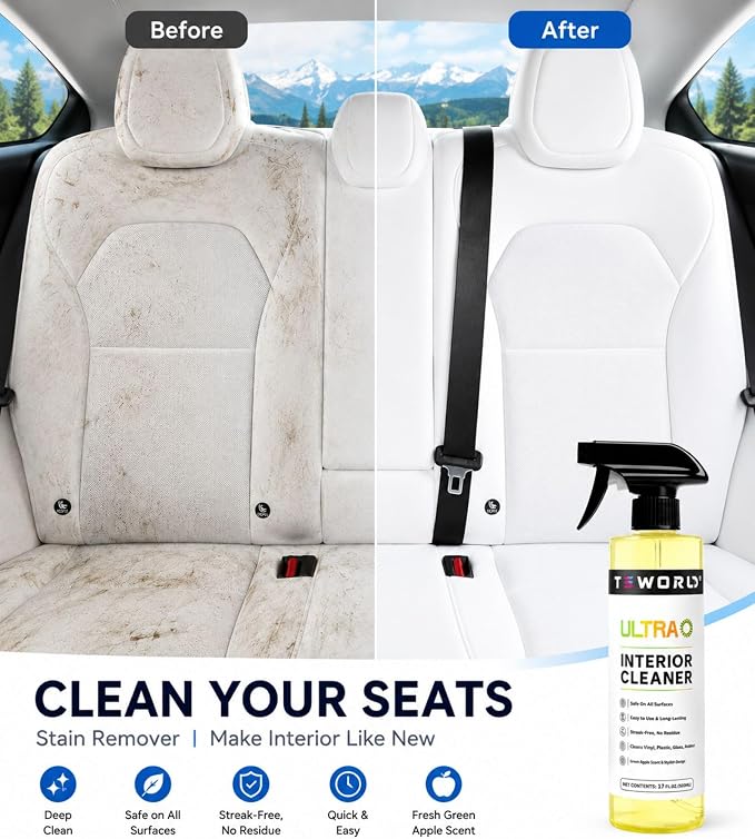 Tesla Seat Cleaner & Stain Remover, Tesla Interior Cleaner for White & Black Vegan Leather | Tesla Model Y Juniper Accessories 2026 & Tesla Model 3 Accessories, S/X/Cybertruck (Apple Y)