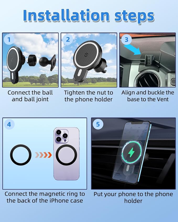 PZK Car Phone Mount for Toyota Tundra 2014-2021 Accessories Custom Air Vent | Magnetic Car Phone Holder with 15W Fast Wireless Charger Hands Free 360° Rotation Fixed Clip Magsafe Cell Phone Cradles