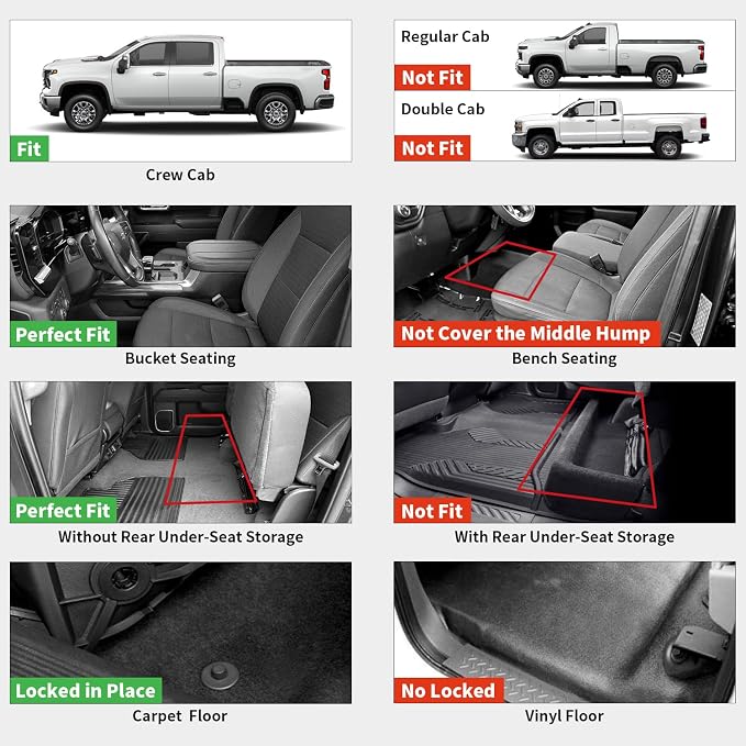 Floor Mats 2019-2026 for Chevrolet Silverado/GMC Sierra 1500, 2020-2026 2500HD 3500HD, Only Without Rear Underseat Storage Box, Only Bucket Seat/Crew Cab (Not for Regular/Double Cab)