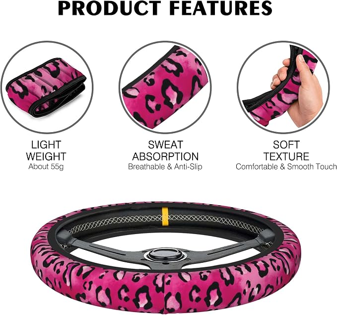 Watercolor Pink Leopard Car Steering Wheel Cover, Non-Slip Absorbing Sweat Car Wheel Cover Accessories for Men Women,Universal 15" Fit Auto SUV Vans Trucks