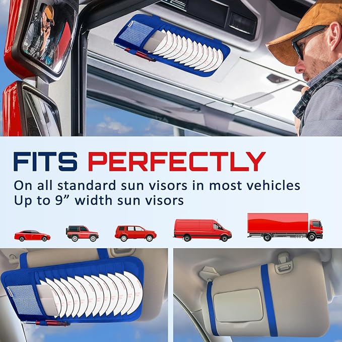 CD Case Holder for Car - Sun Visor Organizer for 12 CD’s/Dvd’s, 1 Mesh Pocket & 1 Horizontal Pen Holder - Safe, Ergonomic Design (Blue)