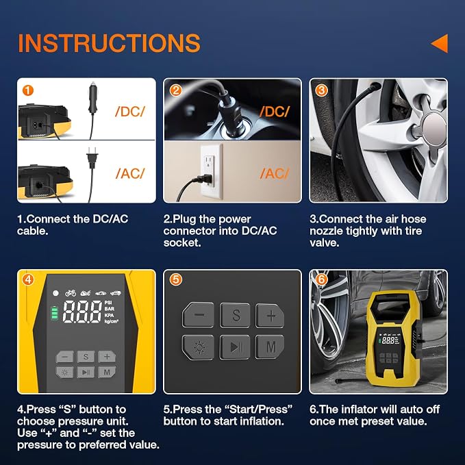 AC/DC Tire Inflator Portable Air Compressor Dual Power Supply 110V AC 12V DC 150PSI Fast Inflation Heavy Duty with LED Light Pressure Gauge Auto Shutoff Pump for Car Motorcycle Bicycle Ball