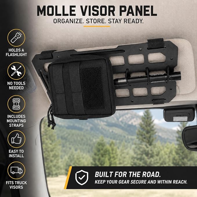 Visor MOLLE Organizer Panels for Car Sun Visor – Rigid ABS Sun Visor Organizer with MOLLE Webbing – Adjustable Fit for Truck SUV (2 Pack)