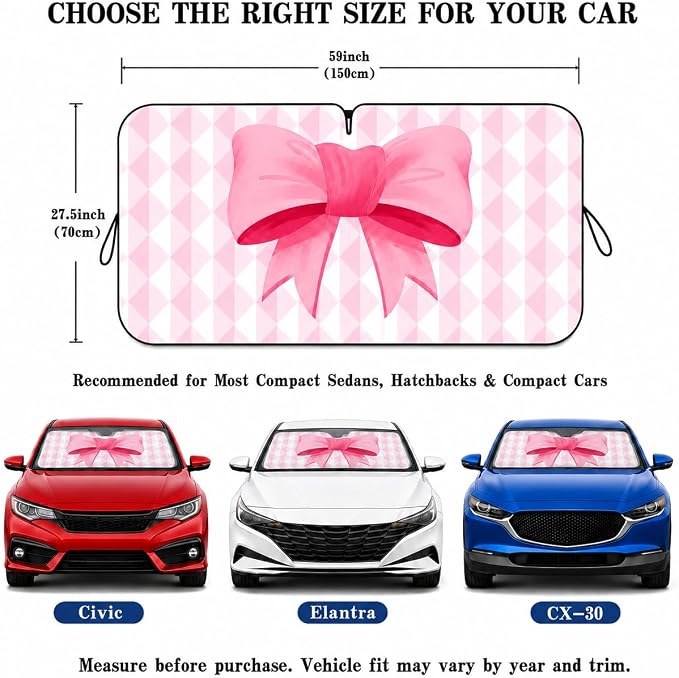 Car Windshield Sun Shade, Universal Fit Compact Sedan SUV, Pink Plaid Bow | 59 x 27.5" Car Sun Visor, Foldable Front Window Sunshade, UV Heat Protection, Girly Bow Series