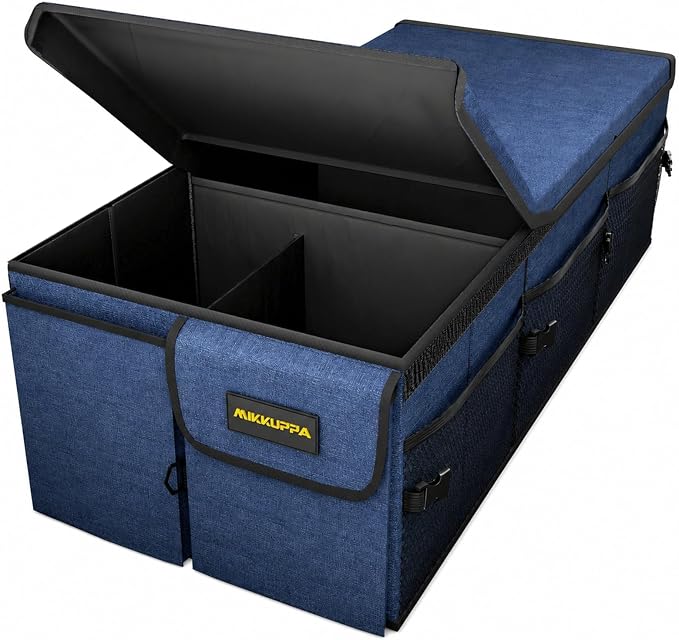 Car Trunk Organizer - 95L Collapsible Trunk Organizer with Lid, Sturdy Car Storage for SUV Auto Truck Van with Adjustable Straps and Non Slip Bottom (Blue, XX-Large)