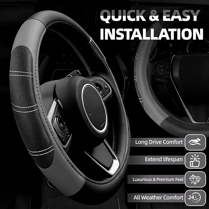 6 Pcs Grey Car Accessories Set, Sport Leather Steering Wheel Cover 14.5-15inch Universal, Microfiber Leather Car Center Console Cover, Seat Belt Cushion, Cup Holder Coaster (Black-Grey)