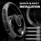6 Pcs Grey Car Accessories Set, Sport Leather Steering Wheel Cover 14.5-15inch Universal, Microfiber Leather Car Center Console Cover, Seat Belt Cushion, Cup Holder Coaster (Black-Grey)