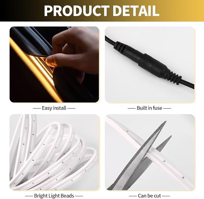 Car LED Strip Lights - Trunk Cargo Ambient Lighting, Warm Yellow 3500K, 118.11 inches Flexible Cuttable LED Light Strip, Easy Install, Waterproof, Universal Fit for Car Trunks, SUVs, and Vans