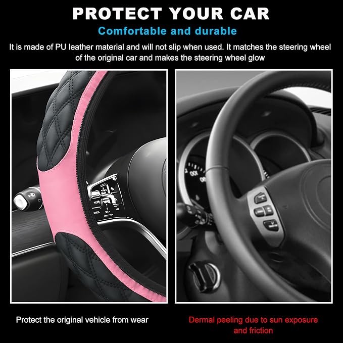 Car Steering Wheel Cover, 15 Inches Non-Slip Leather Steering Wheel Protector, Universal Soft Cover Mats for Car Truck SUV, Interior Car Accessories (Pink)