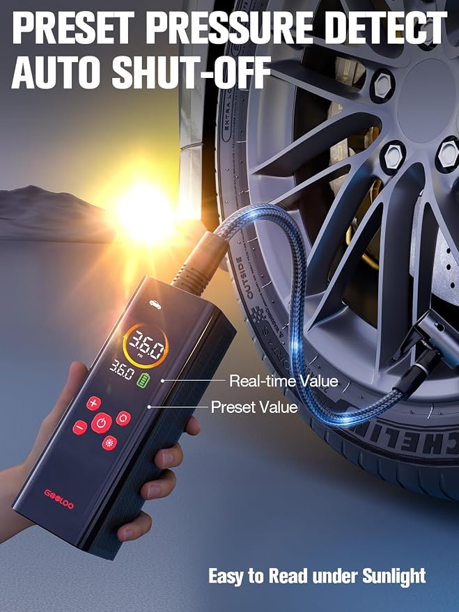 AP150 PRO Tire Inflator Portable Air Compressor,Color LED Screen | 150PSI Air Pump with Digital Pressure Gauge, LED Light and Auto Shut-Off Function for Car, Motorcycle, Bicycle, Ball