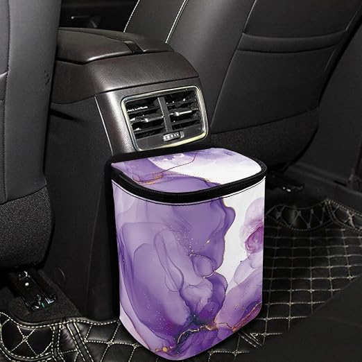 Purple Marble Butterfly Print Car Trash Can with Lid, Leak Proof Auto Trash Bag Hanging Vehicle Garbage Can Multipurpose Storage Container for Back Seat Road Trip