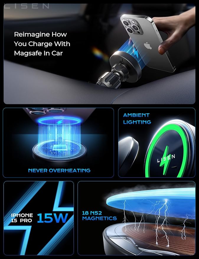 for 15W MagSafe Car Mount Charger,Magnetic Wireless Car Charger for iPhone 17 Pro Max Accessories,Magnetic Phone Holder for iPhone 17-12,Samsung,Pixel 9,Jeep Ford F150 Accessories,Gifts