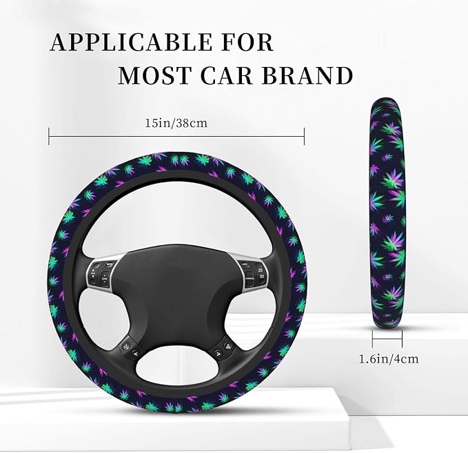 Elastic Weed Leaves Neon Colorful Black Car Steering Wheel Cover Protector Upgrade Thicken,Anti Slip Soft Car Accessories for Diverse Cars Truck SUV for Men Women Universal 15 Inch