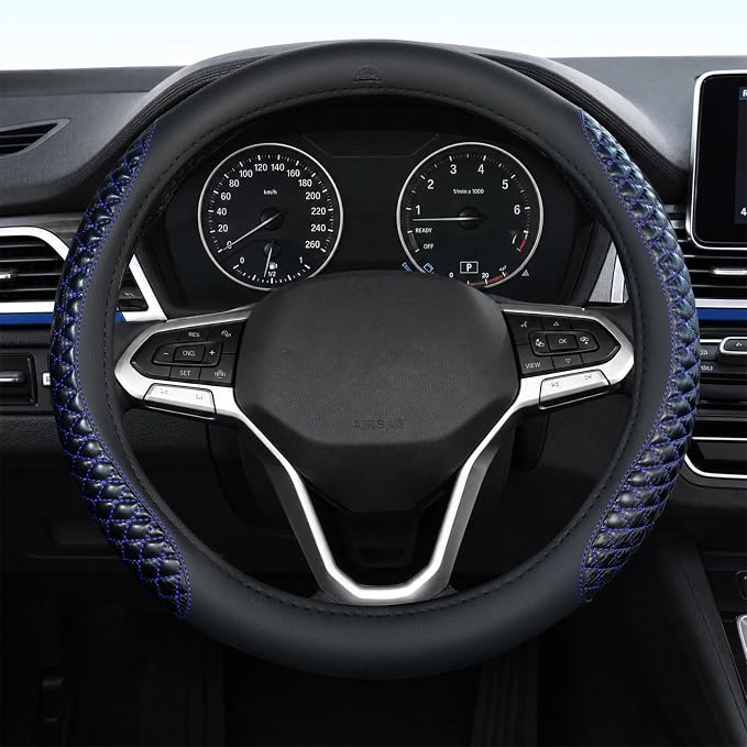 Coverado Nappa Leather Steering Wheel Cover Universal 14-15 Inch Anti-Slip Breathable Steering Wheel Protector Luxury Auto Decor for Men Women Blueline