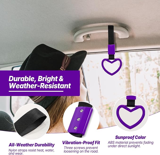 2 Pcs Heart Shaped Car Handle Strap – JD M Drift Charm Rear Bumper Warning Ring Decor for Car Interior Exterior, Subway Bus Handle Accessory, Cute Heart Car Decor Gift for Drivers (Purple)