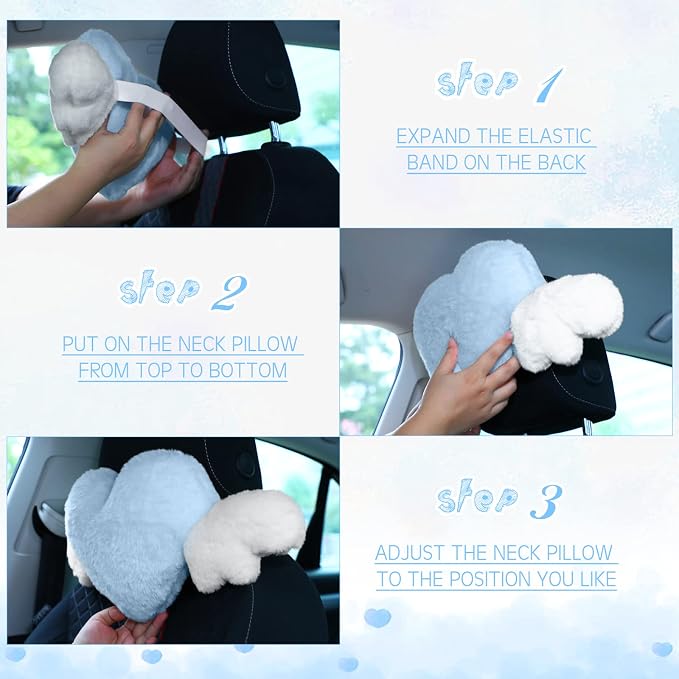 2 Pcs Plush Heart Shaped Pillow with Angel Wings Car Headrest Soft Comfortable Seat Pillow for Driving Travelling Room Office Car Decor, 19.7 x 8.3 Inch(Light Blue)