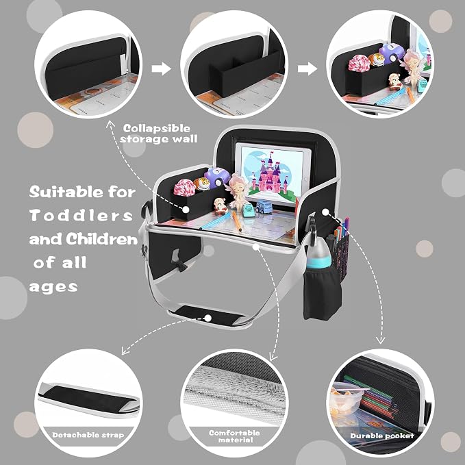 Kids Travel Tray for Car Seat, Road Trip Essential Kids Lap Tray | Toddler Gift for Boy Activities with Dry Erase Board, No-Drop iPad Holder Stand, Cooler Cup Holder & Adjustable Strap, Black