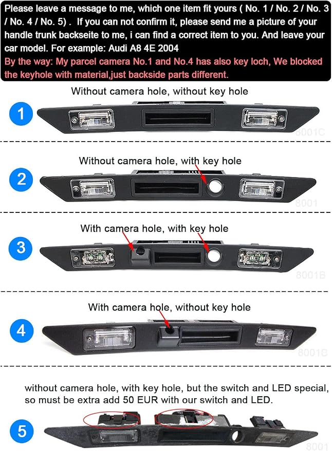1280 * 720 Pixels Trunk Handle Vehicle Camera Rear View Camera Parking Reverse for Audi A3 8P7 A4 8E A6 4F2 4F5 A5 8T3 A8 4H E0827574C,8E0827574F 8E0827574C3FZ Waterproof Night Vision Back up