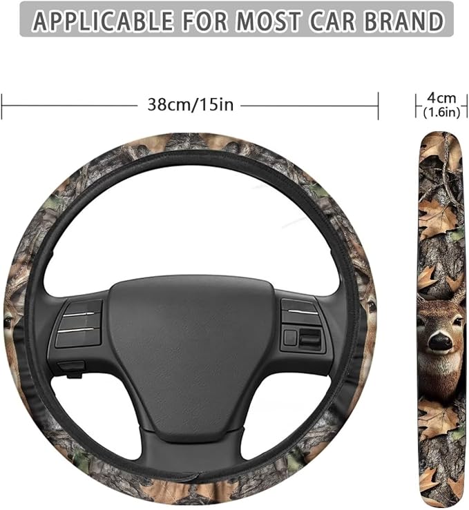 Deer Camo Hunting Forest Grey Car Steering Wheel Cover Universal 15 inch Anti-Slip Auto Steering Wheel Protector Car Interior Decor for Women Men