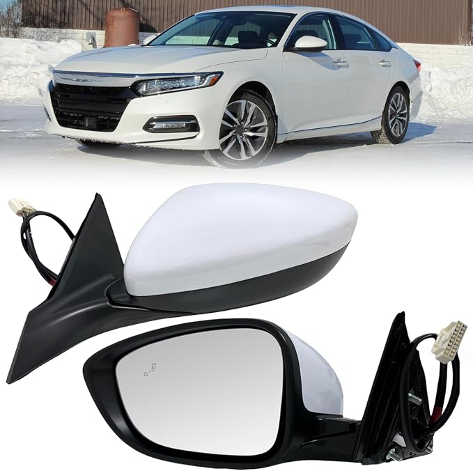 Left Driver Side Mirror Compatible with 2018-2022 Honda Accord LX Sport Power Glass | Heated | with Blind Spot | Manual Folding Repalces HO1320329 (7Pins-Pearl White)