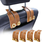 Car Headrest Hooks Universal Car Purse Hook Premium Leather and Alloy Twin Hook Car Seat Back Storage Hanger Hook for Purse Bags Cloth Drink Durable Holder Car Accessories (BH09-Brown-Gold-4 Pcs)