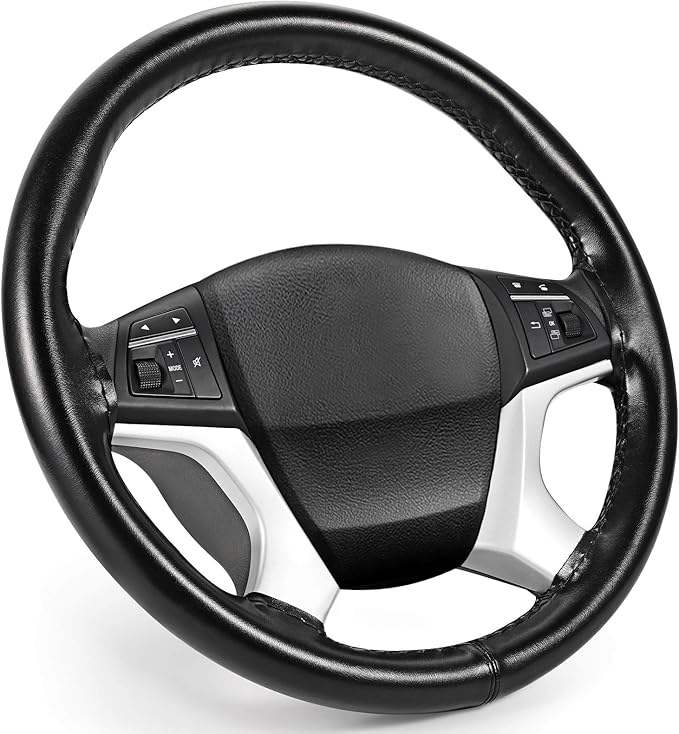 Genuine Leather Steering Wheel Cover, Stitch On Wrap, 15 Inch Steering Wheel Wrap for Car Truck SUV Pickup Boat, DIY Sewing with Needle Thread, Black