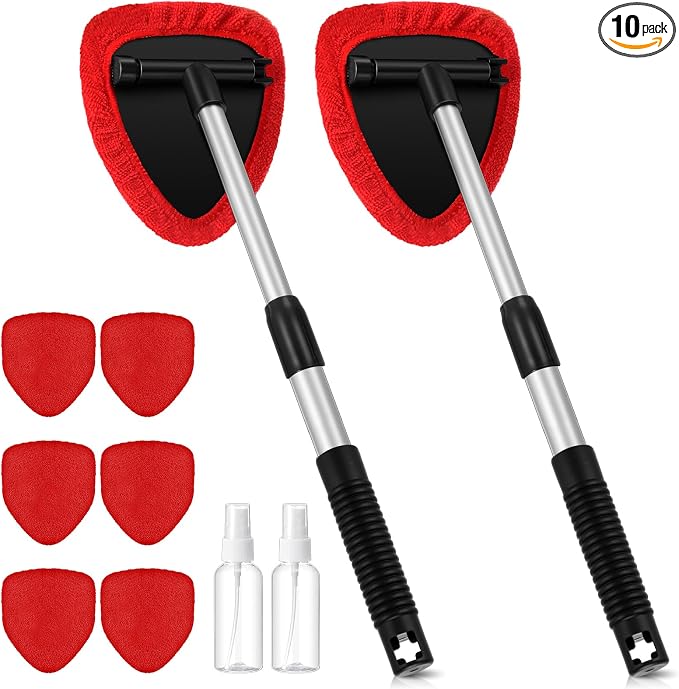 10 Pcs Windshield Cleaner Tool Car Window Cleaning Supplies with Extendable Handle Include 6 Washable Microfiber Bonnets 2 Empty 60ml Spray Bottle Glass Wiper Kit(Red)