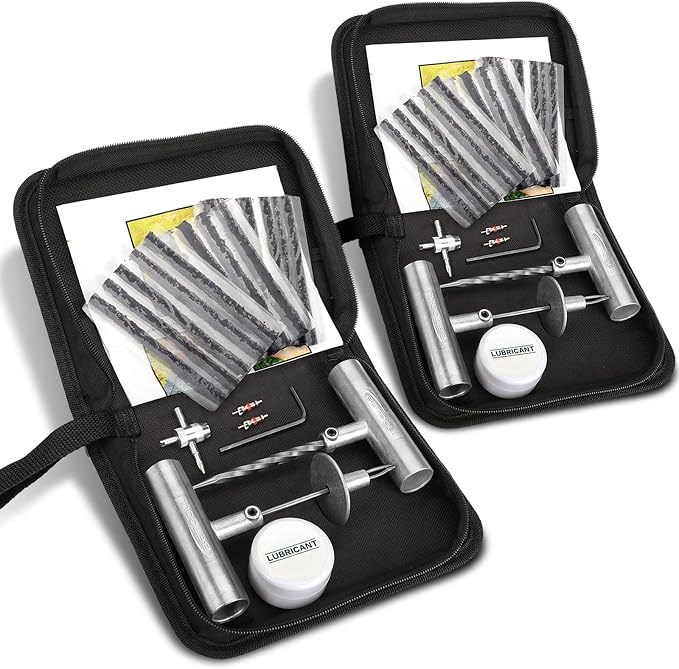 Tire Repair Kit, Sets of 2-24pcs Professional Heavy Duty Universal Emergency Flat Tire Repair Kit to Fix Punctures, for car Motorcycle, Truck, Golf Cart, ATV, Tractor, ARB, RV, SUV, Trailer etc.